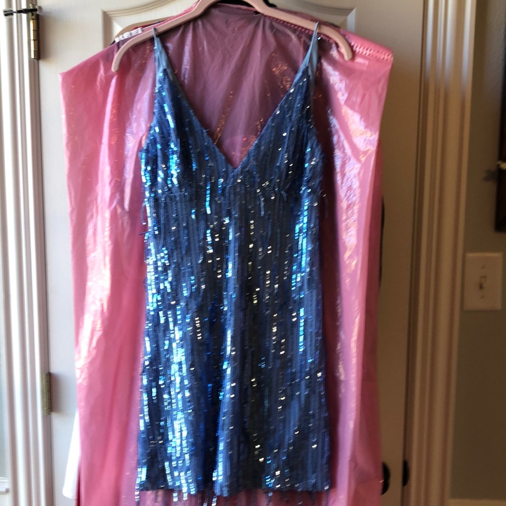 Xtraordinary Cornflower Blue V-Neck Sequin Fringe Mini Dress